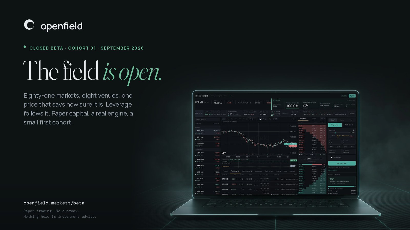 The terminal on a laptop with the words The field is open